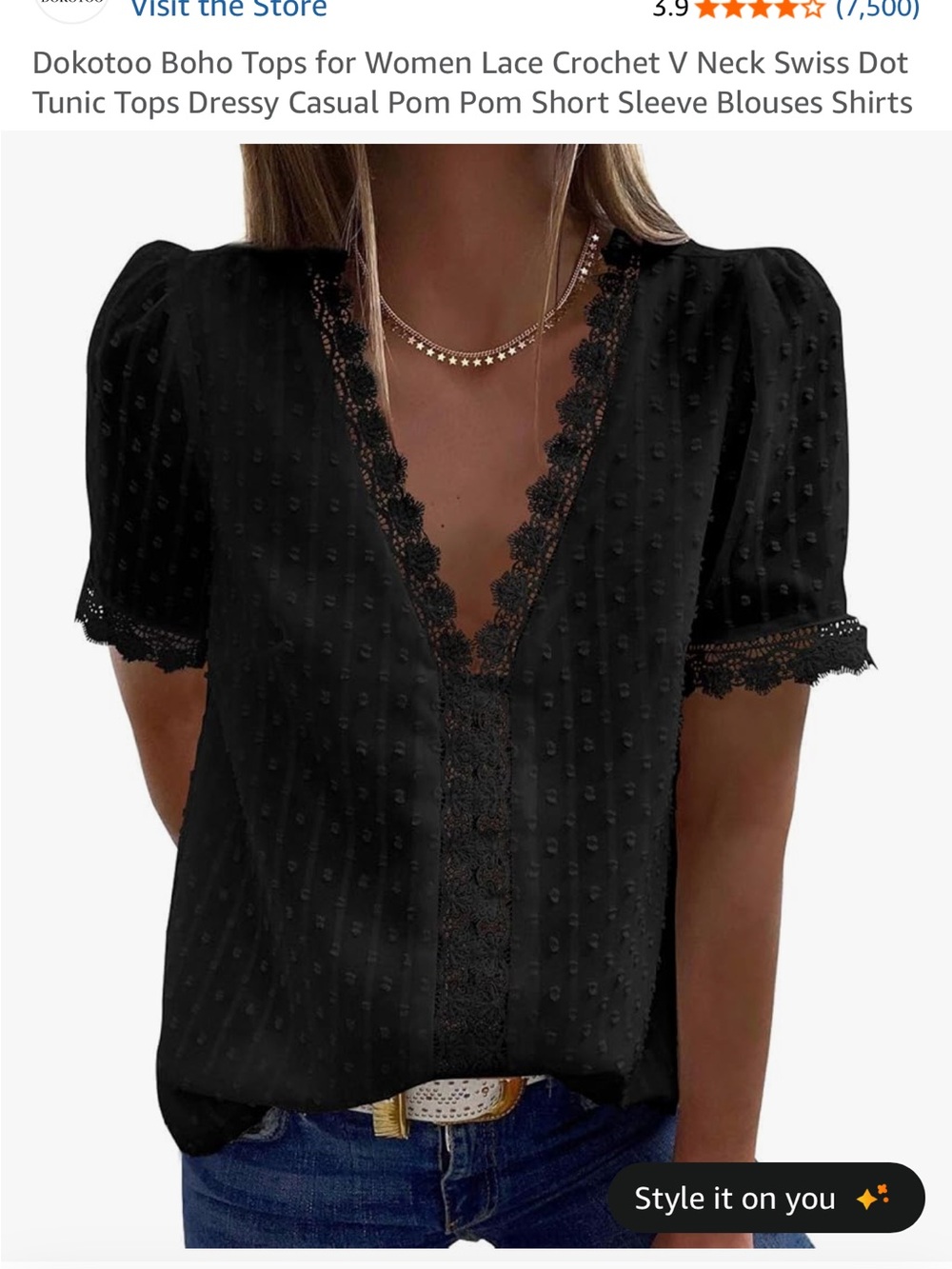 Boho Lace Crochet V-Neck Swiss Dot Blouse - Black